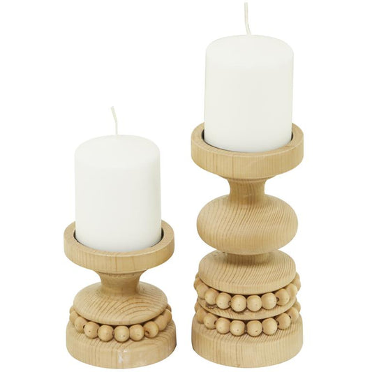 WOOD BEADED PILLAR CANDLE HOLDER