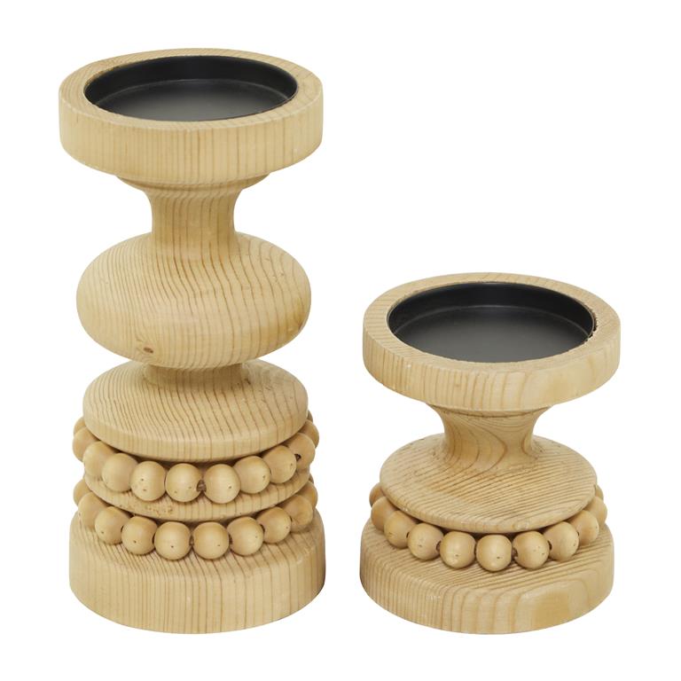 WOOD BEADED PILLAR CANDLE HOLDER