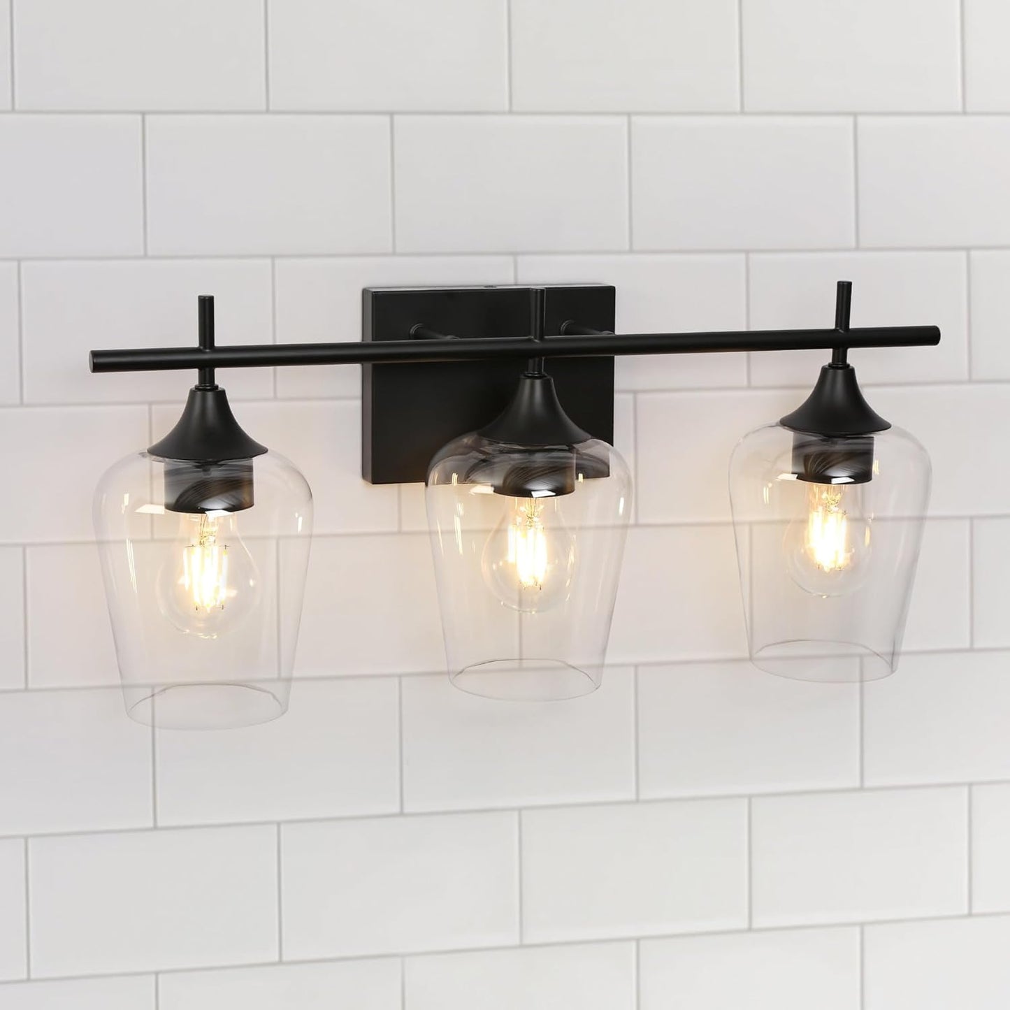 3-Light Black Vanity Light with Clear Glass Shade (Online Exclusive)