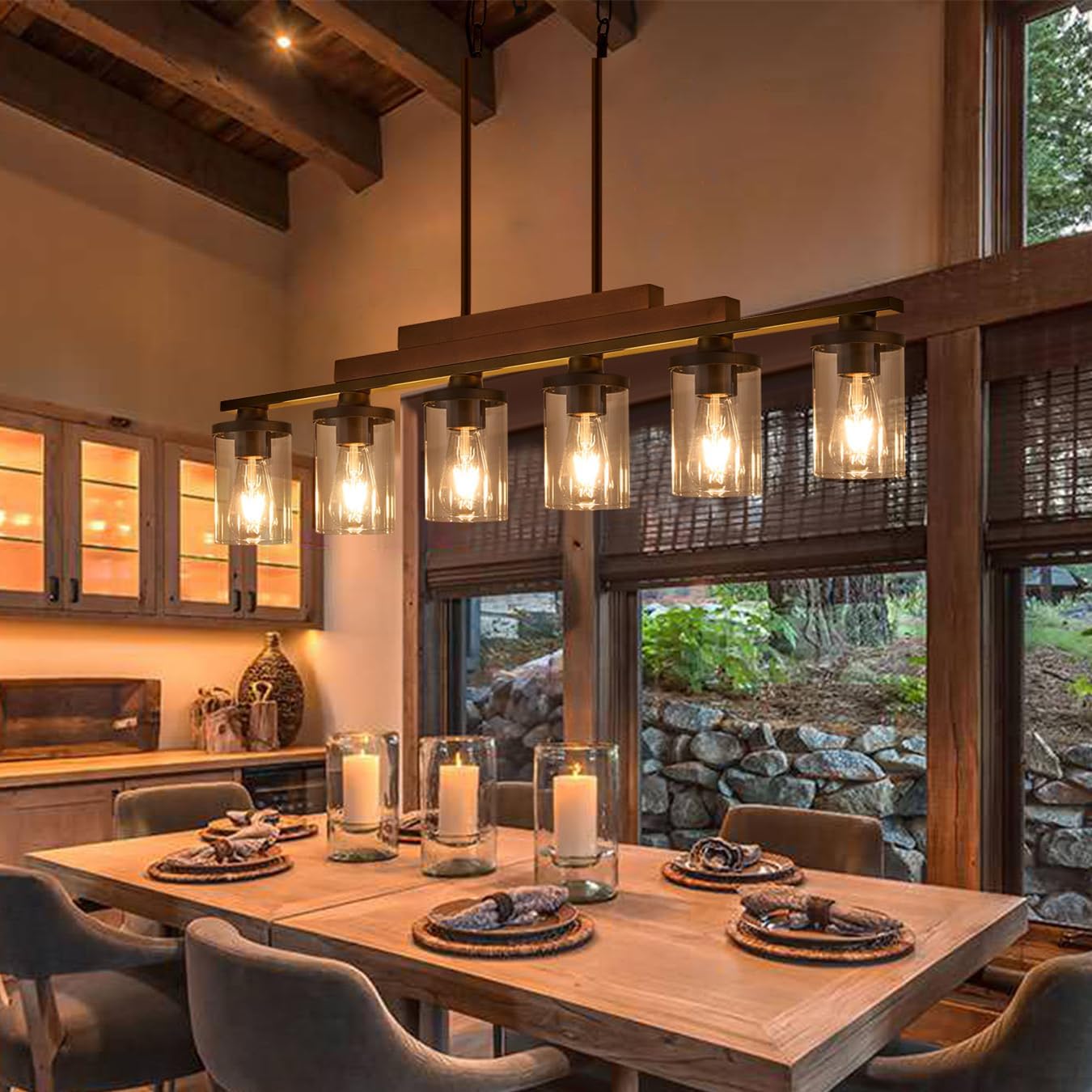 Farmhouse Rustic Wood Linear Chandelier with Clear Glass Shade (Online Exclusive)