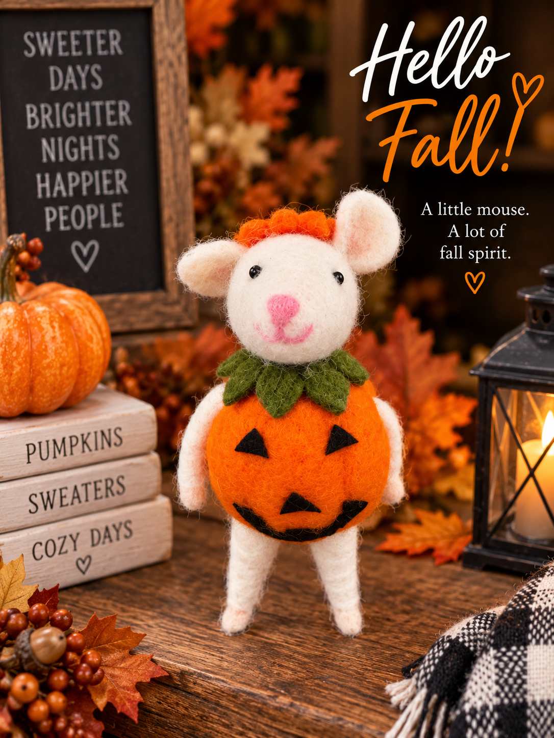 Felted Halloween Pumpkin Mouse Ornament