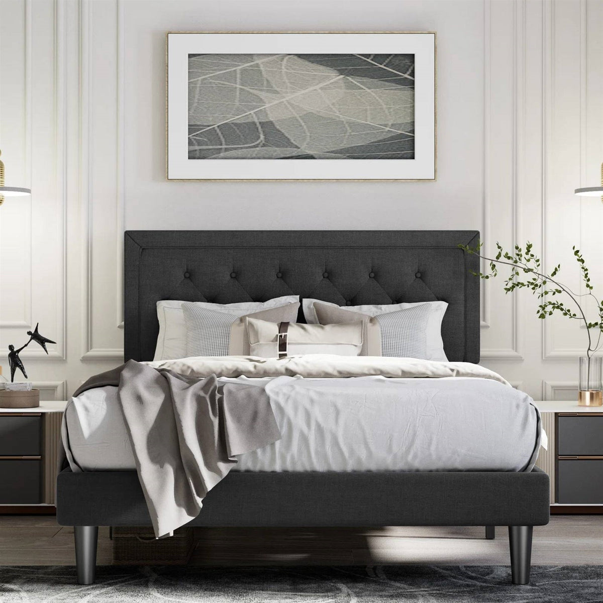 Full size Black Linen Upholstered Platform Bed with Button-Tufted Headboard (Online Exclusive)