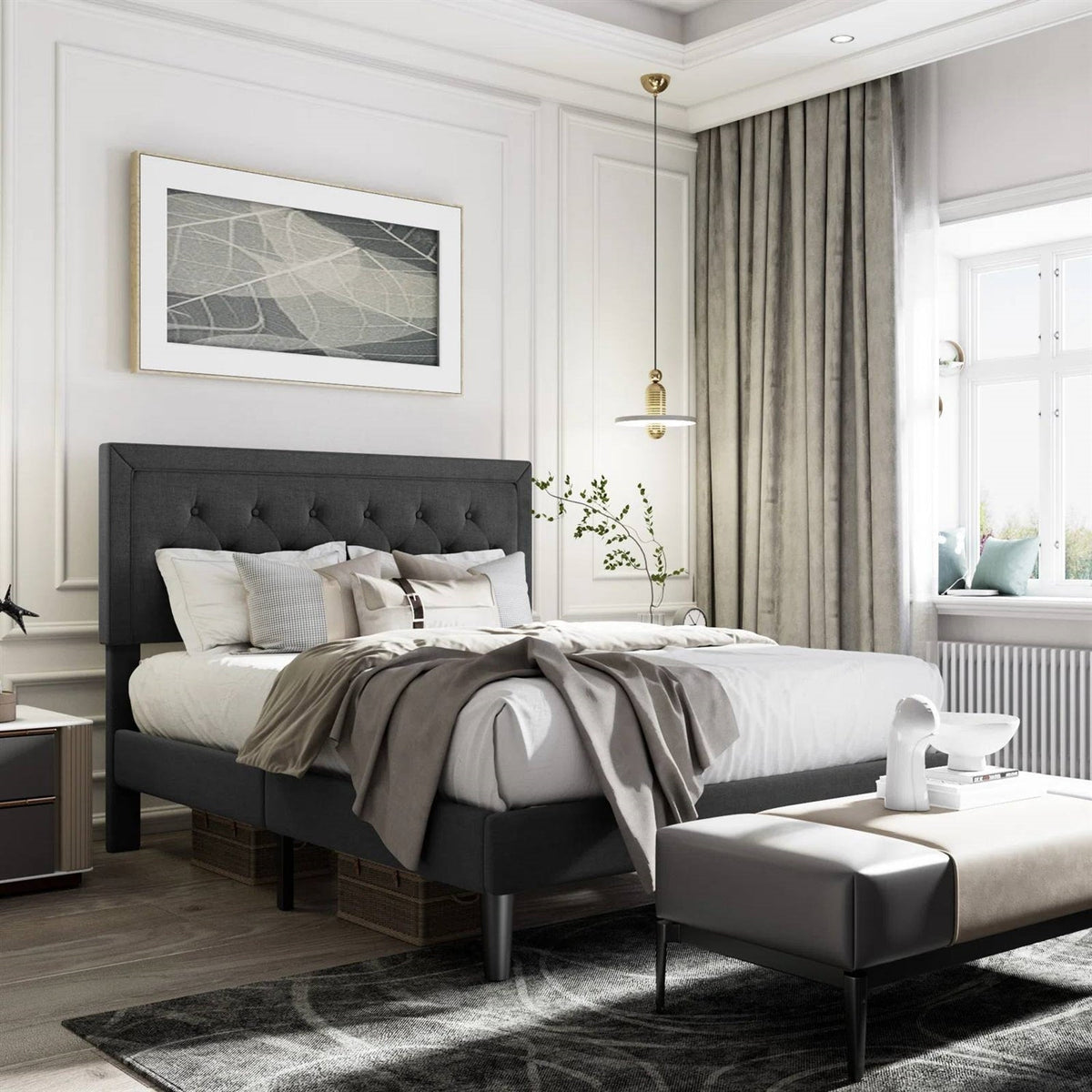 Full size Black Linen Upholstered Platform Bed with Button-Tufted Headboard (Online Exclusive)