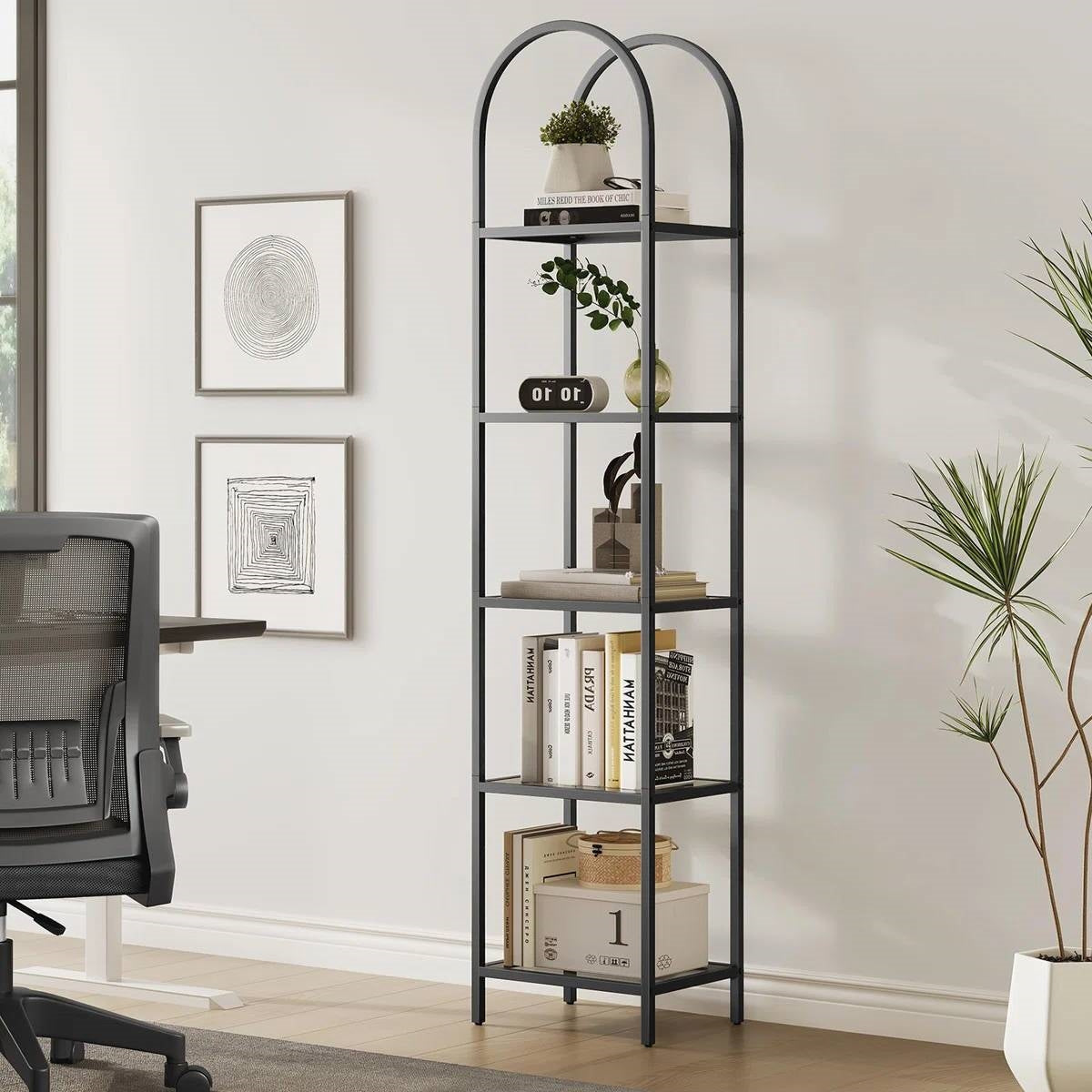 Arched Top Black Metal Display Rack Narrow Bookcase with 5 Glass Storage Shelves (Online Exclusive)