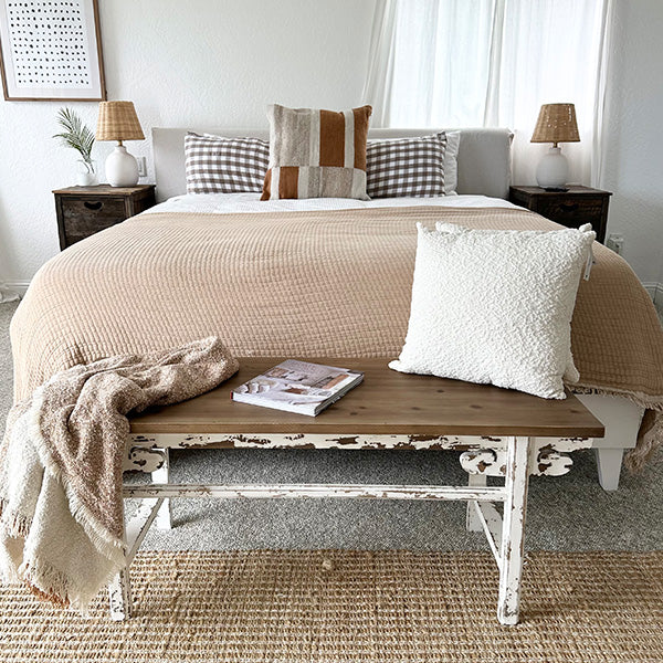 Distressed White Finish Wooden Bench (Online Exclusive)