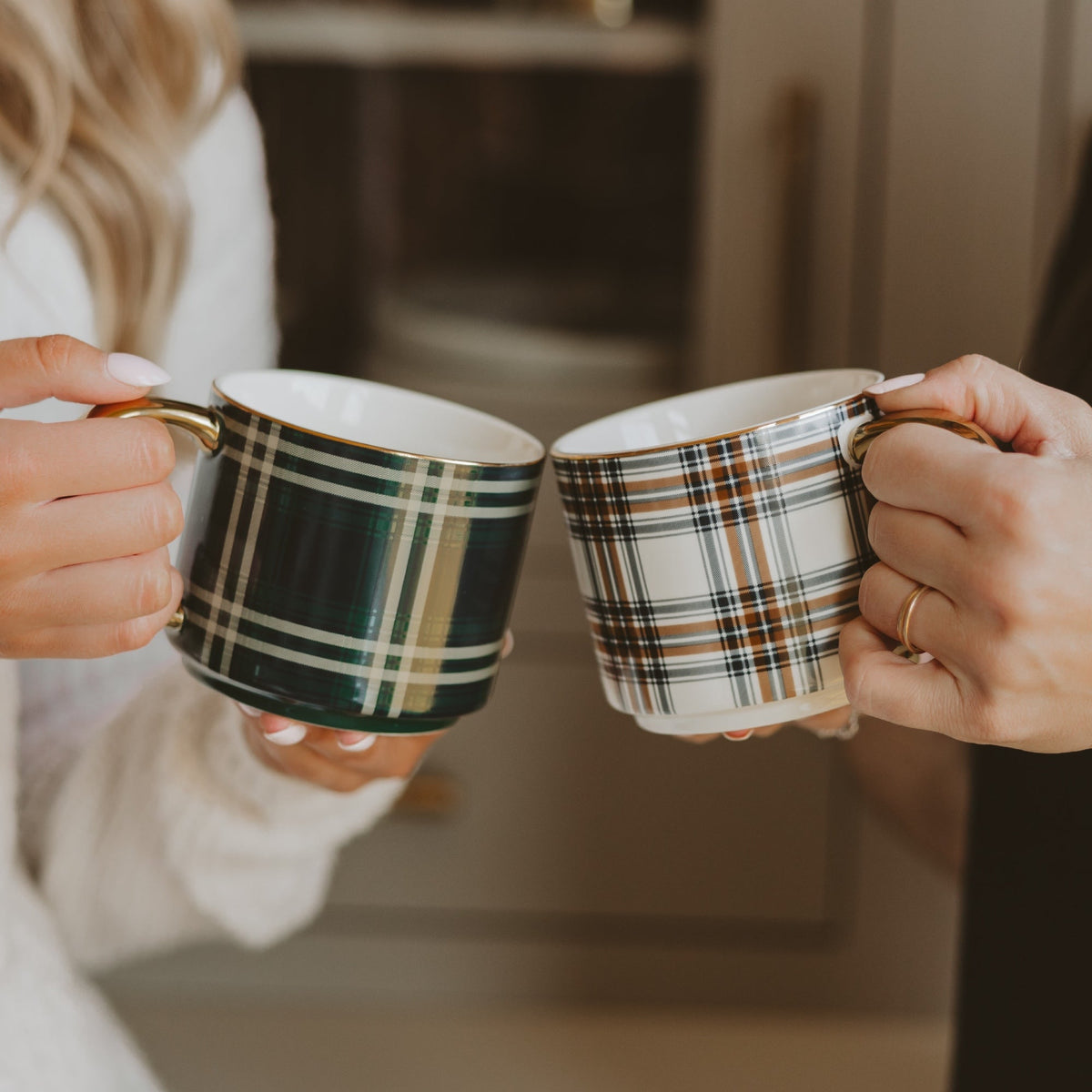 Navy Plaid 14 oz Gold Handle Coffee Mug (Online Exclusive