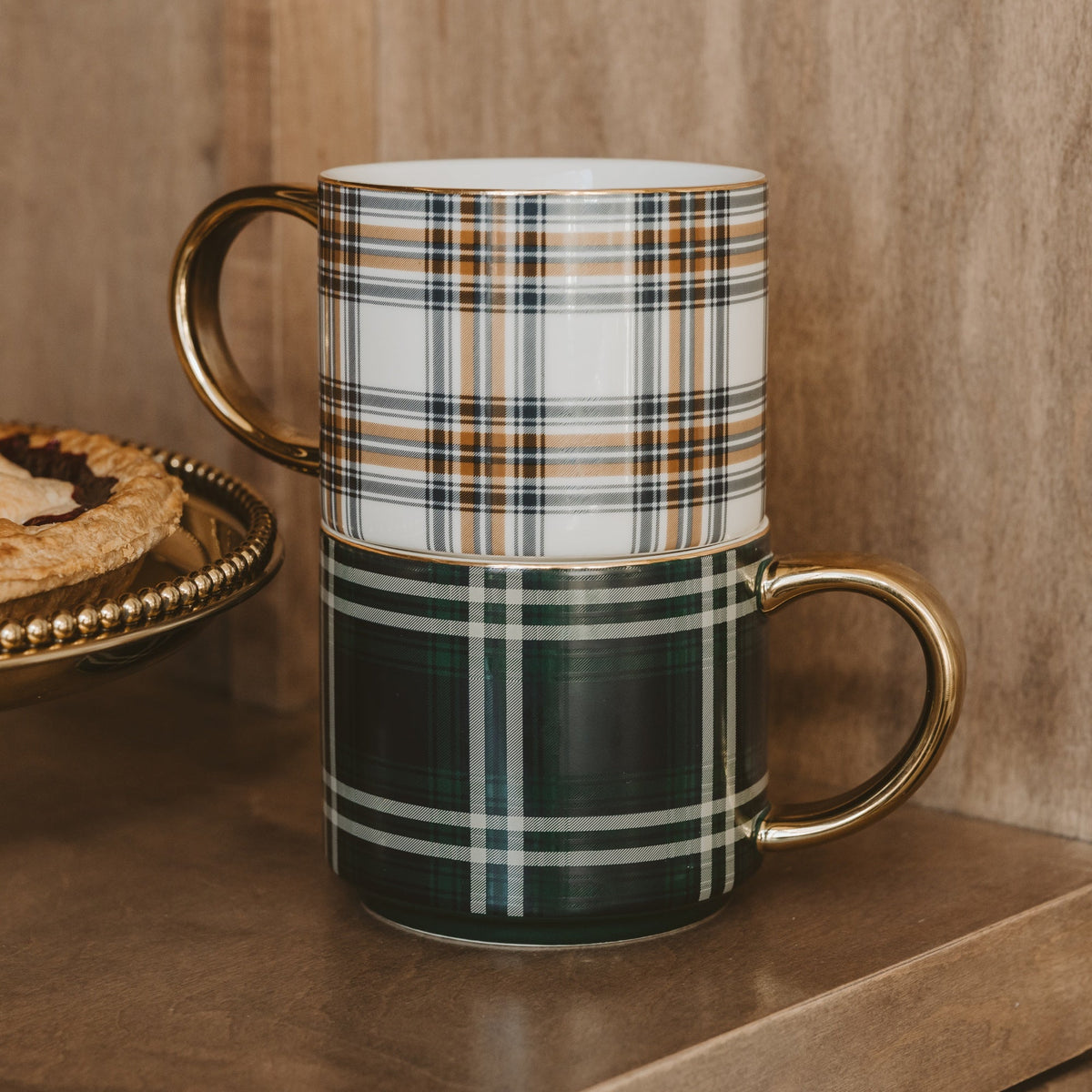 Orange Navy Plaid 14 oz Gold Handle Coffee Mug (Online Exclusive