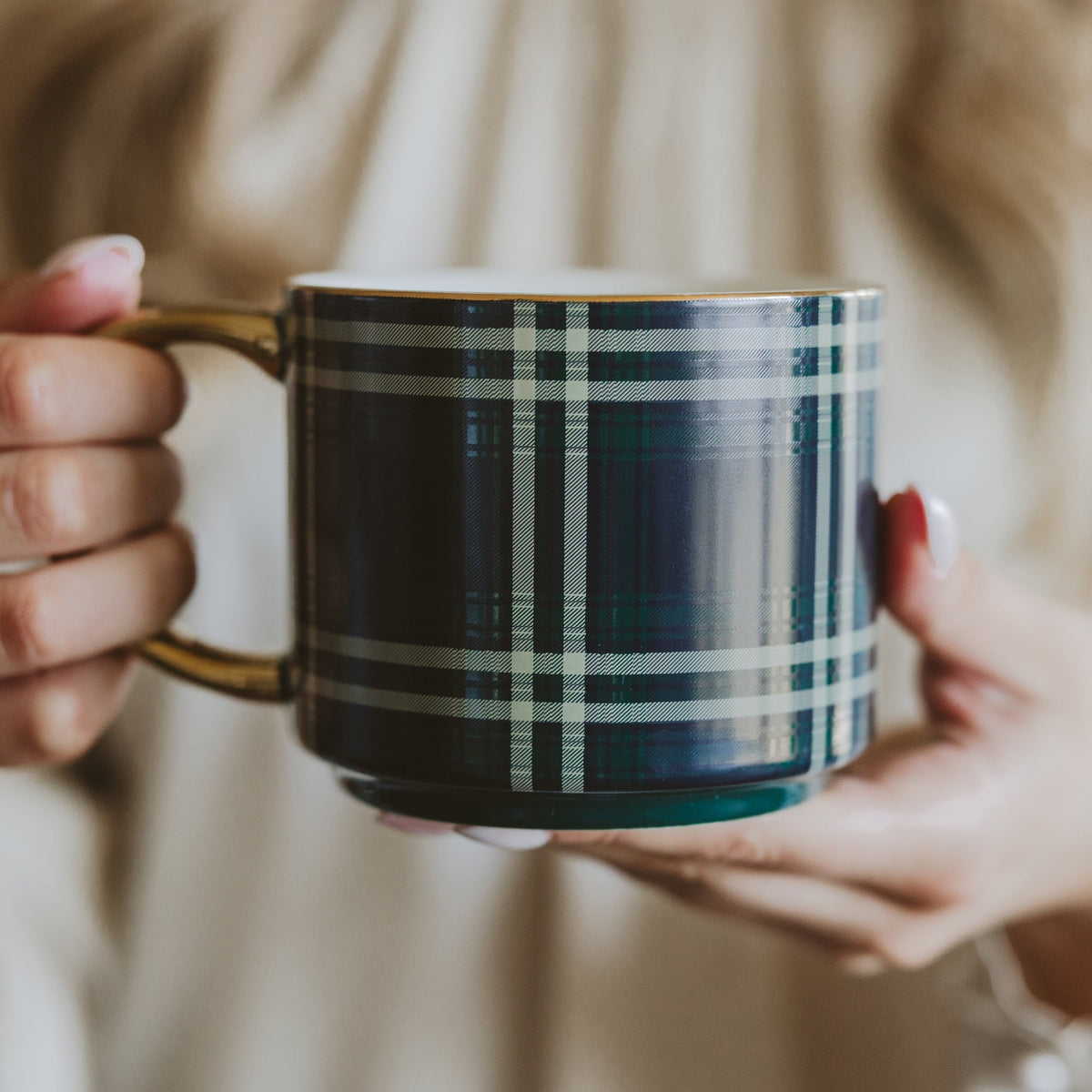 Navy Plaid 14 oz Gold Handle Coffee Mug (Online Exclusive