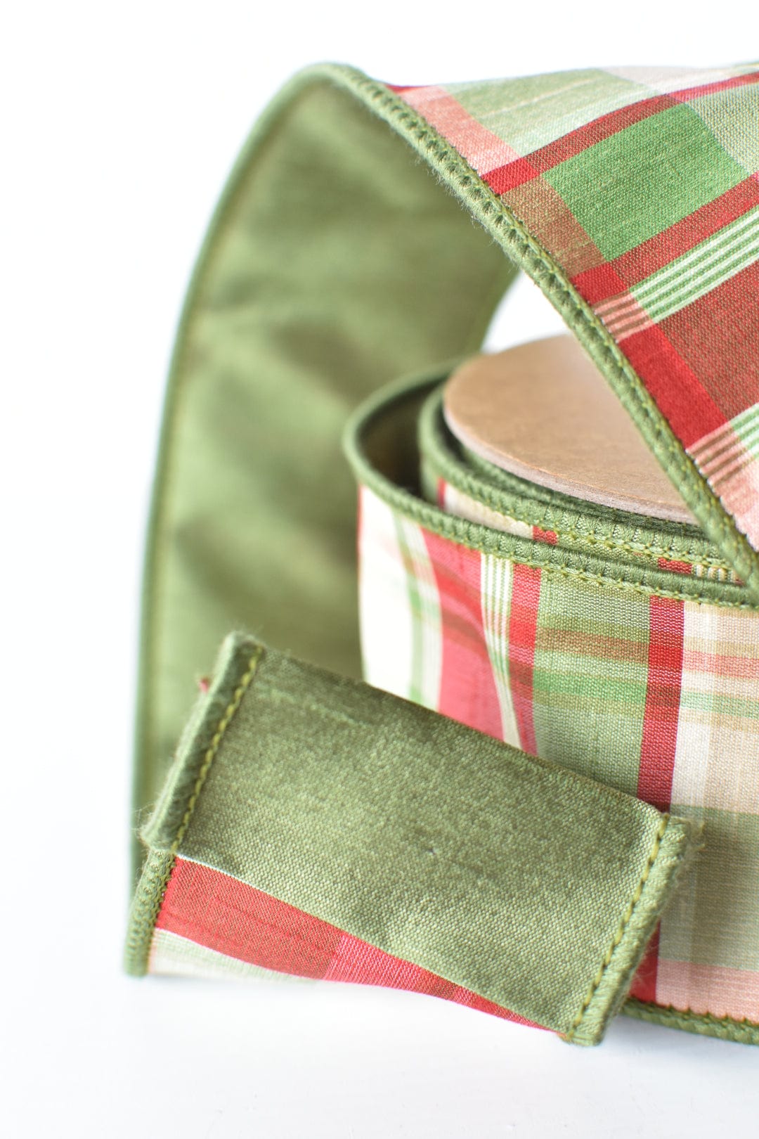 2.5" x 10yd Red/Green/Tan Plaid Dupioni Silk Ribbon (Online Exclusive)