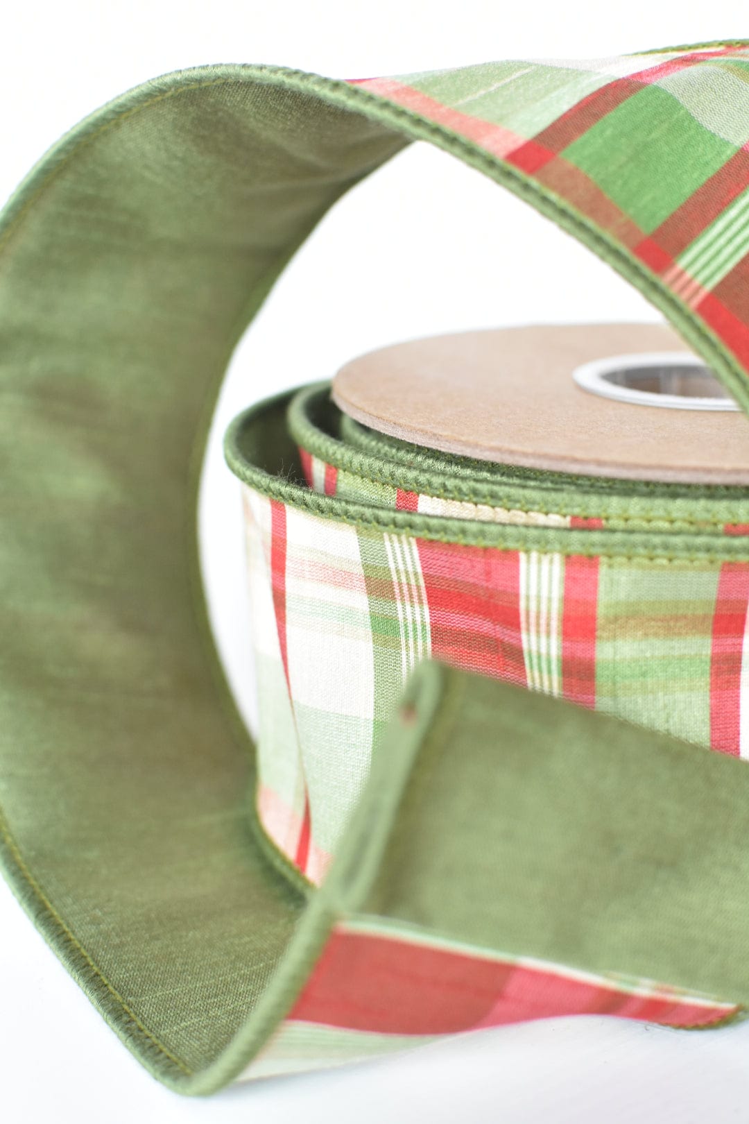 2.5" x 10yd Red/Green/Tan Plaid Dupioni Silk Ribbon (Online Exclusive)