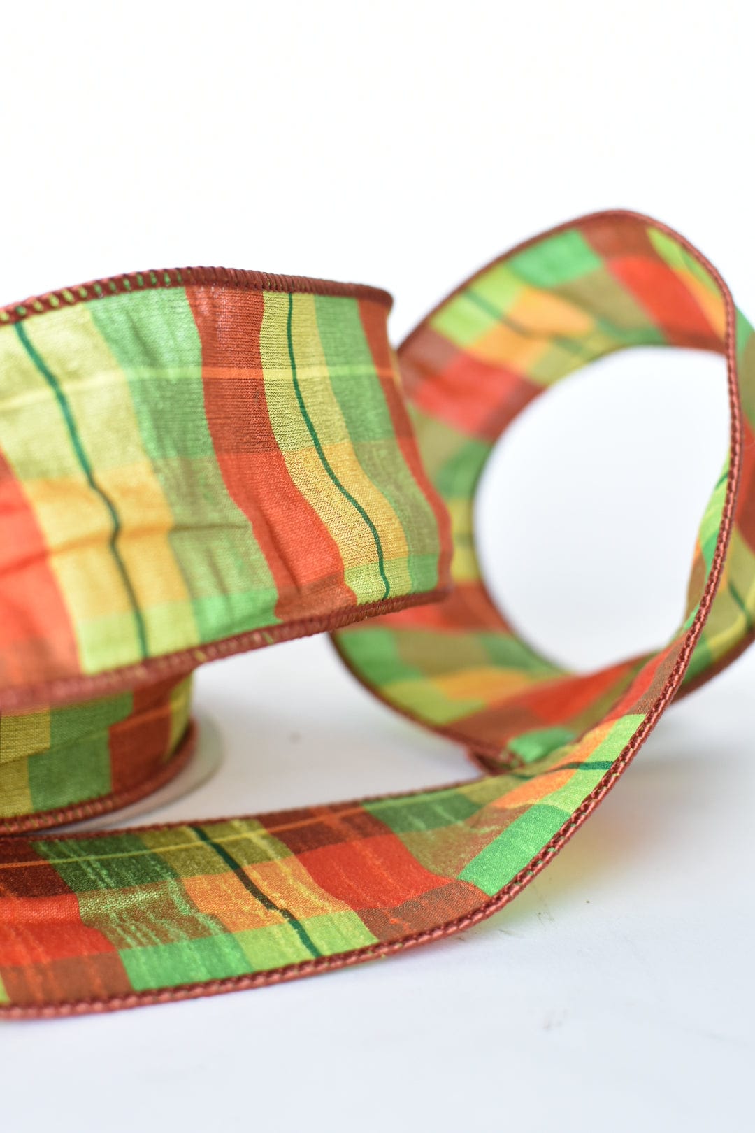 2.5" x 10yd Orange + Lime Plaid Faux Dupioni Silk Ribbon (Online exclusive)