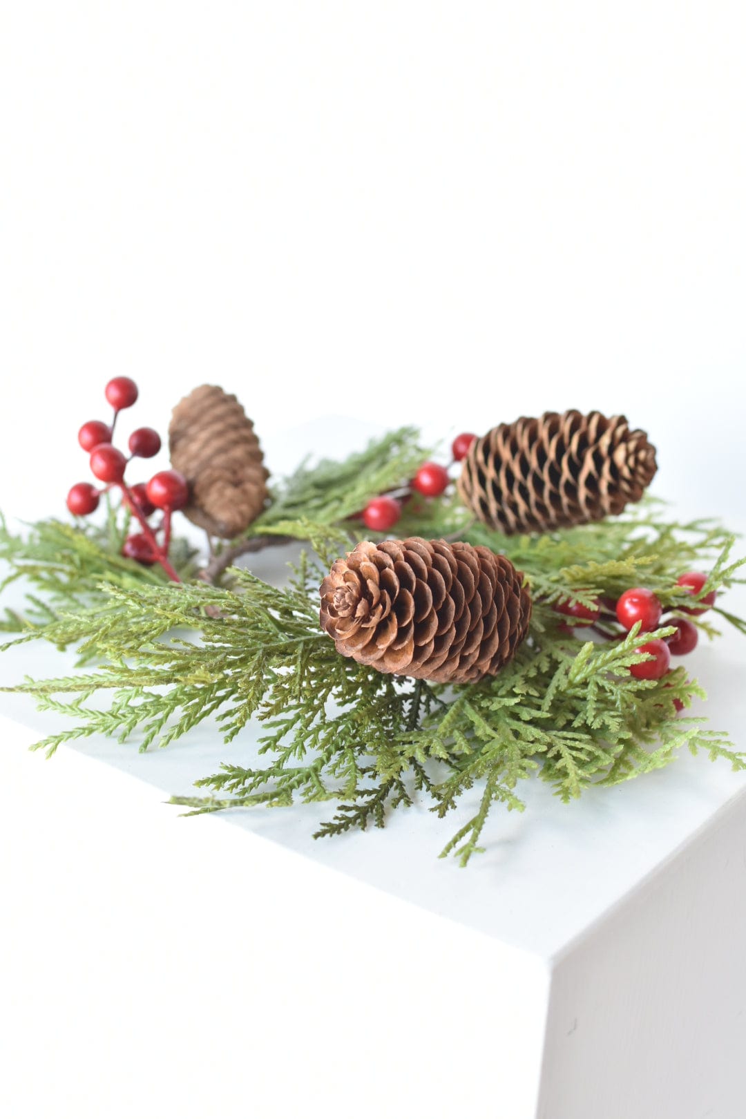 11" Faux Cedar Candle Ring With Pinecones/Berries (Fits up to a 3" Pillar Candle) (Online Exclusive)