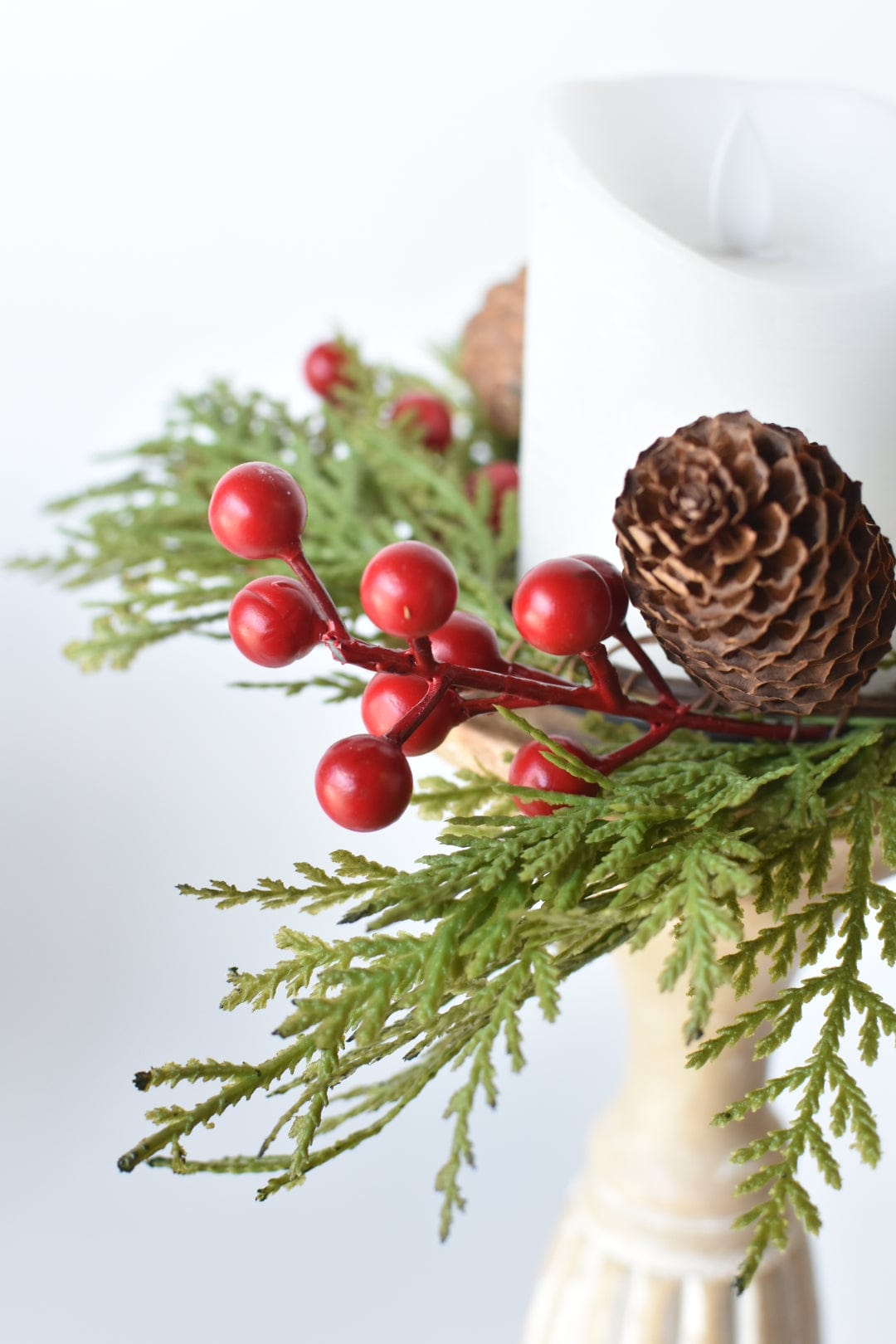 11" Faux Cedar Candle Ring With Pinecones/Berries (Fits up to a 3" Pillar Candle) (Online Exclusive)