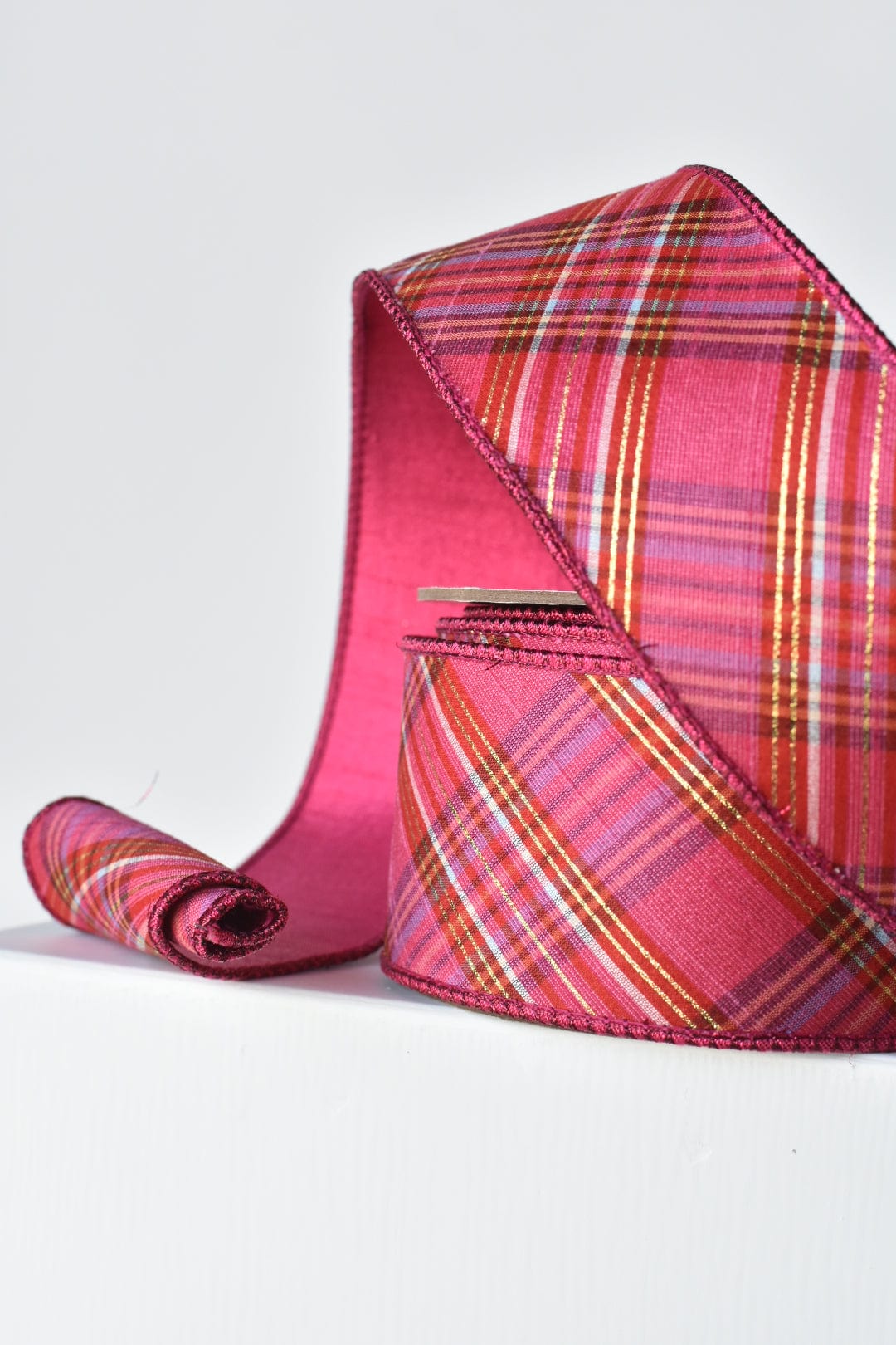 2.5" x 10yd Pink/Fuchsia/Red/Orange Plaid Dupioni Silk Ribbon (Online Exclusive)