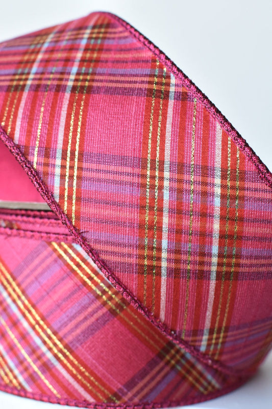 2.5" x 10yd Pink/Fuchsia/Red/Orange Plaid Dupioni Silk Ribbon (Online Exclusive)