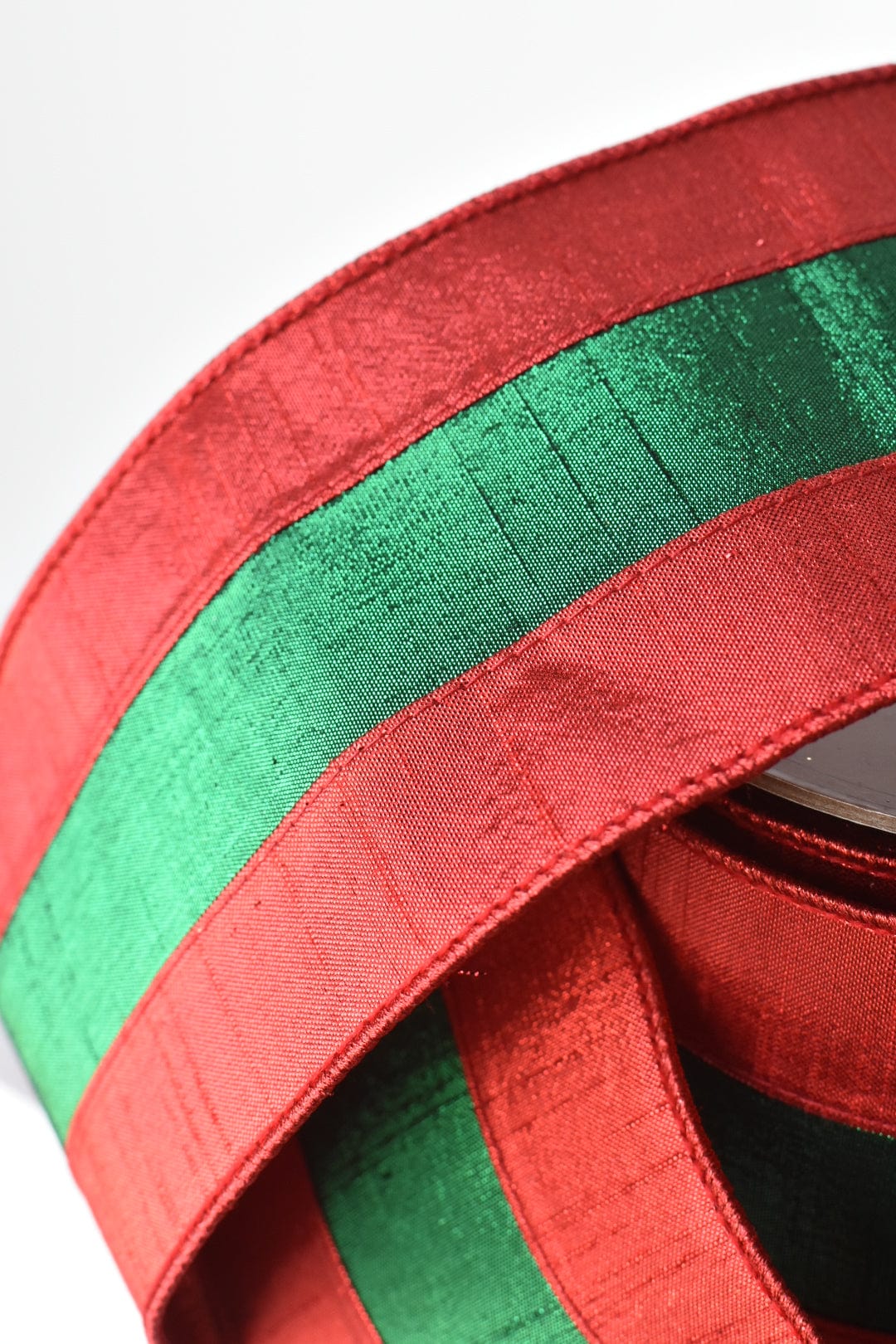 4" x 10yd Red Lame Silk w/Green Lame Stripe Ribbon (Online Exclusive)