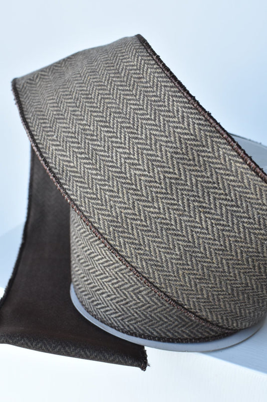 4" x 10yd Brown/Tan Woven Herringbone Ribbon (Online Exclusive)