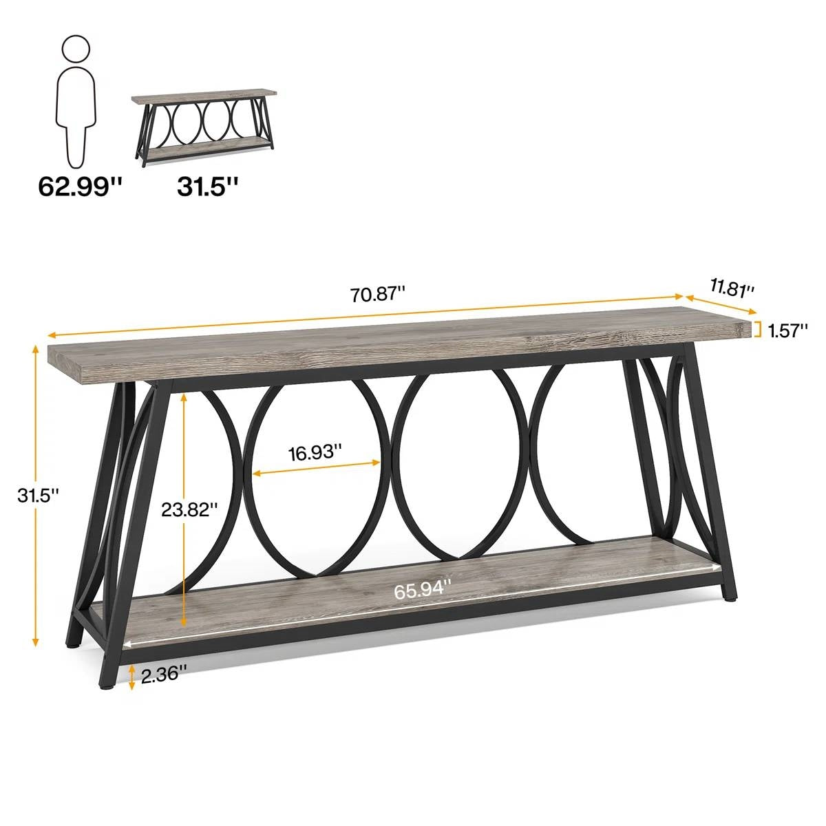 Industrial 70-inch Grey Wood Top Sofa Table with Heavy Duty Black Metal Frame (Online Exclusive)