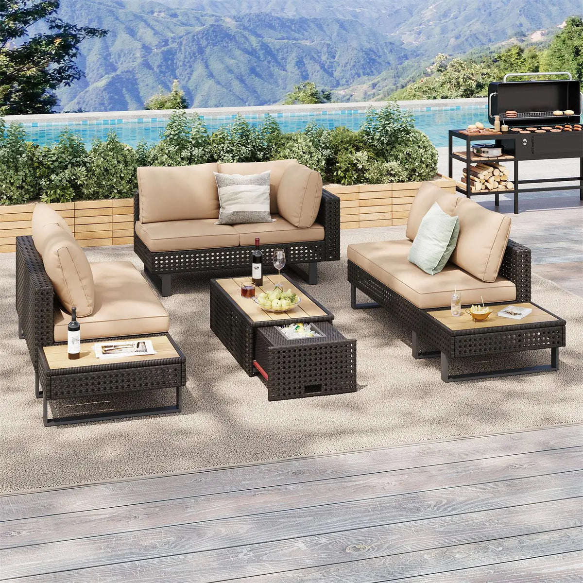 4 Pieces Diamond Weave Patio Sectional Furniture (Online Exclusive) Set With Extendable Coffee Table with Ice Bucket for Backyard in Khaki+Brown