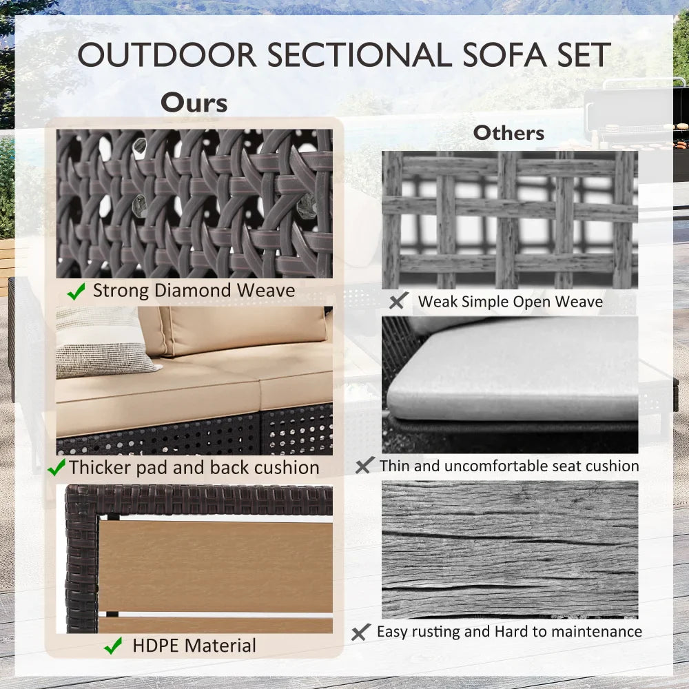 4 Pieces Diamond Weave Patio Sectional Furniture (Online Exclusive) Set With Extendable Coffee Table with Ice Bucket for Backyard in Khaki+Brown