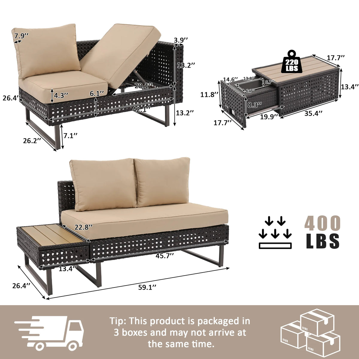 4 Pieces Diamond Weave Patio Sectional Furniture (Online Exclusive) Set With Extendable Coffee Table with Ice Bucket for Backyard in Khaki+Brown