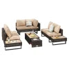 4 Pieces Diamond Weave Patio Sectional Furniture (Online Exclusive) Set With Extendable Coffee Table with Ice Bucket for Backyard in Khaki+Brown