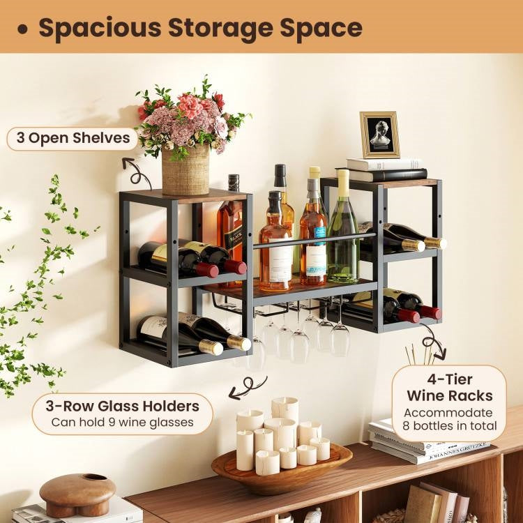 Industrial Wood Metal Wall Mounted Wine Rack Shelf with Glass Holders (Online Exclusive)