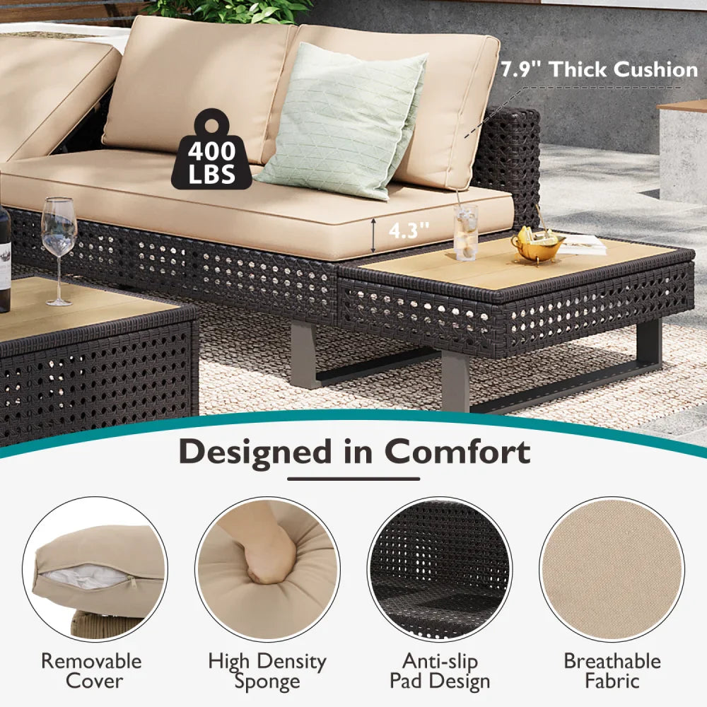 4 Pieces Diamond Weave Patio Sectional Furniture (Online Exclusive) Set With Extendable Coffee Table with Ice Bucket for Backyard in Khaki+Brown