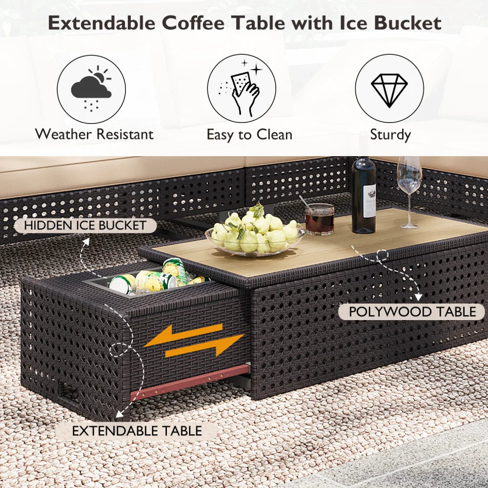 4 Pieces Diamond Weave Patio Sectional Furniture (Online Exclusive) Set With Extendable Coffee Table with Ice Bucket for Backyard in Khaki+Brown
