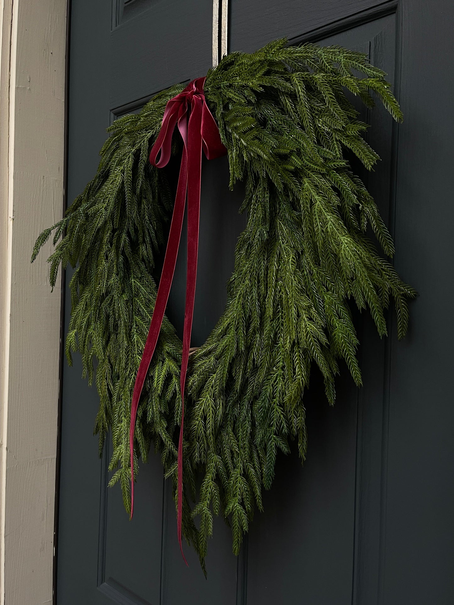 Faux Norfolk Pine Wreath with Red Velvet Bow (Online Exclusive)