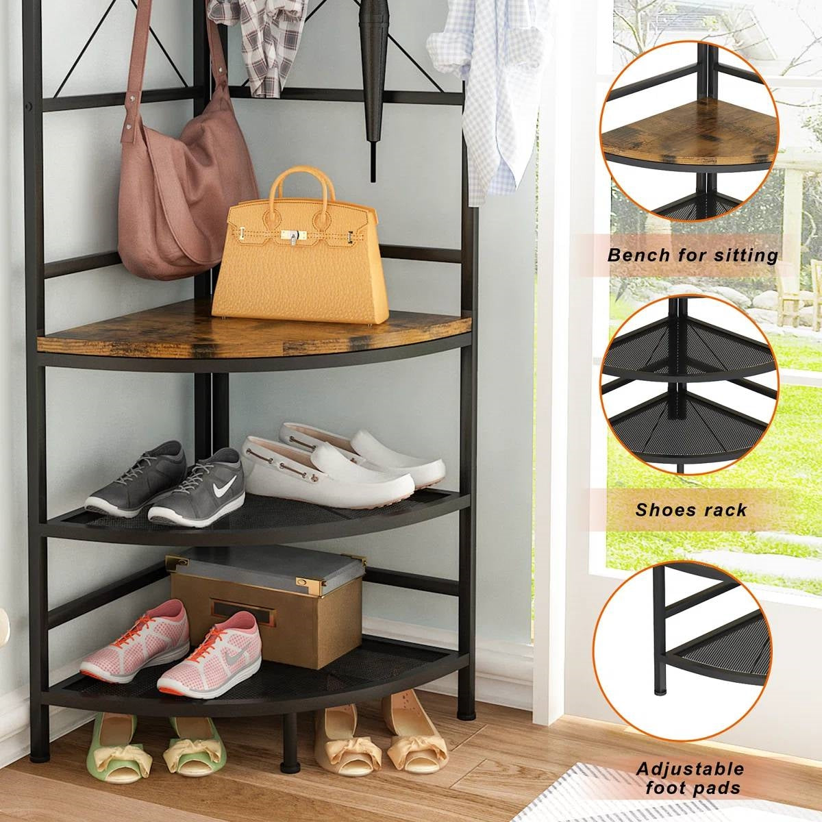 Industrial Metal/Wood Corner Hall Tree Shoe Storage Bench Coat Rack (Online Exclusive)