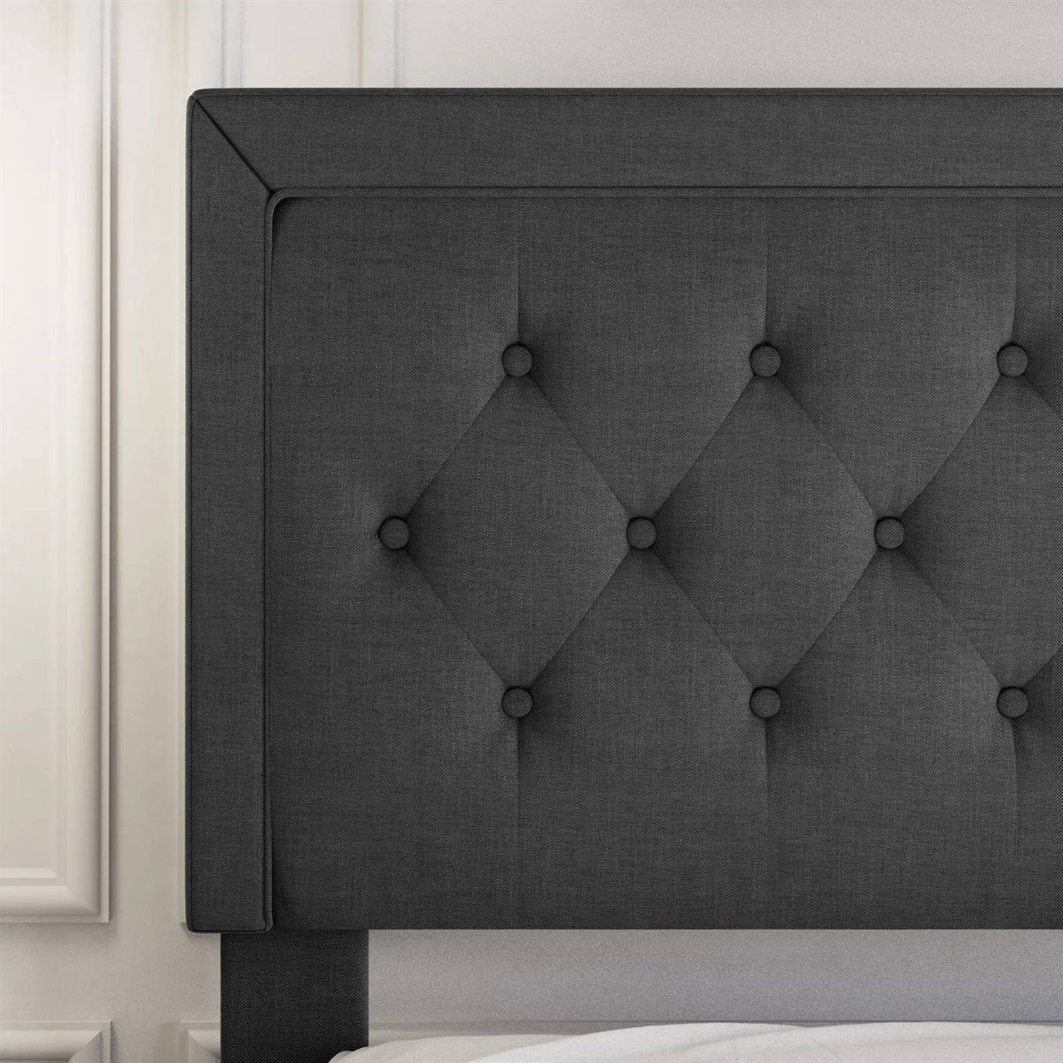 King Black Linen Upholstered Platform Bed Frame with Button-Tufted Headboard (Online Exclusive)