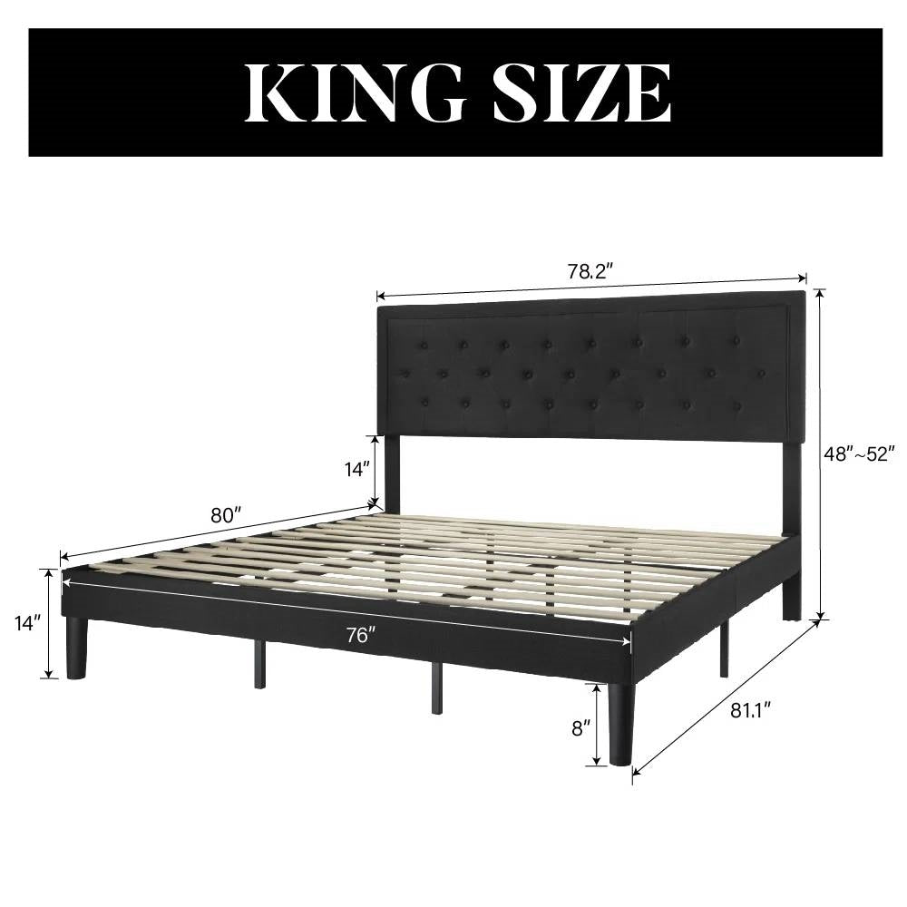 King Black Linen Upholstered Platform Bed Frame with Button-Tufted Headboard (Online Exclusive)