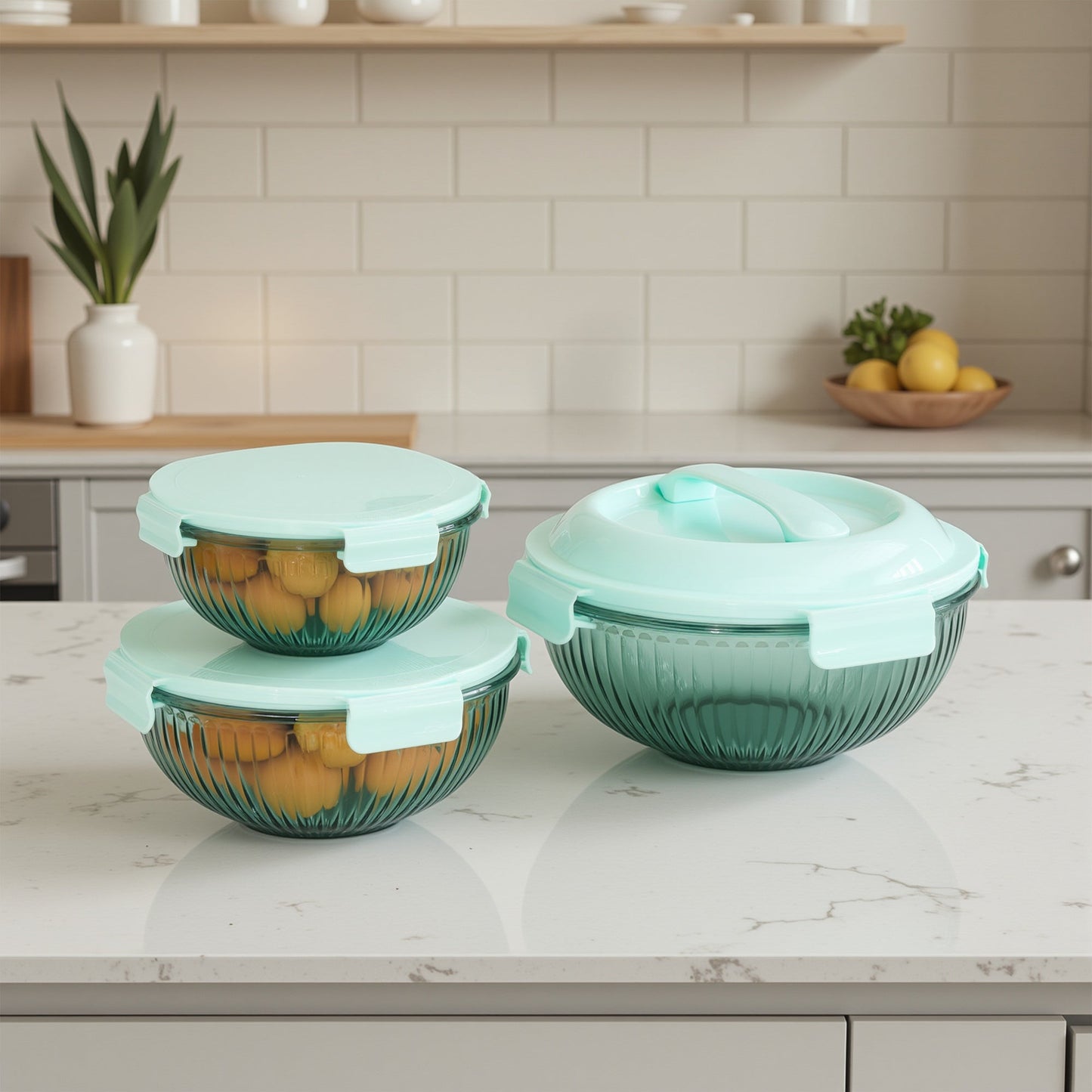Borosilicate Glass Mixing Bowl Set- Diamond Blue (W/ Handle) (Online Exclusive)