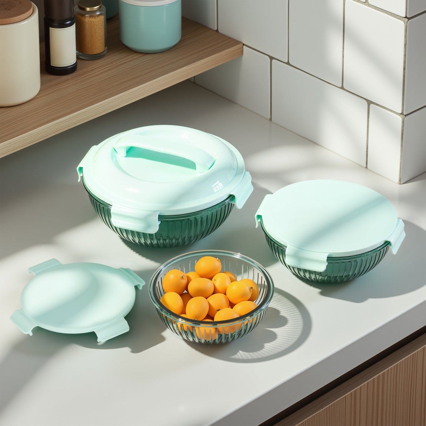 Borosilicate Glass Mixing Bowl Set- Diamond Blue (W/ Handle) (Online Exclusive)