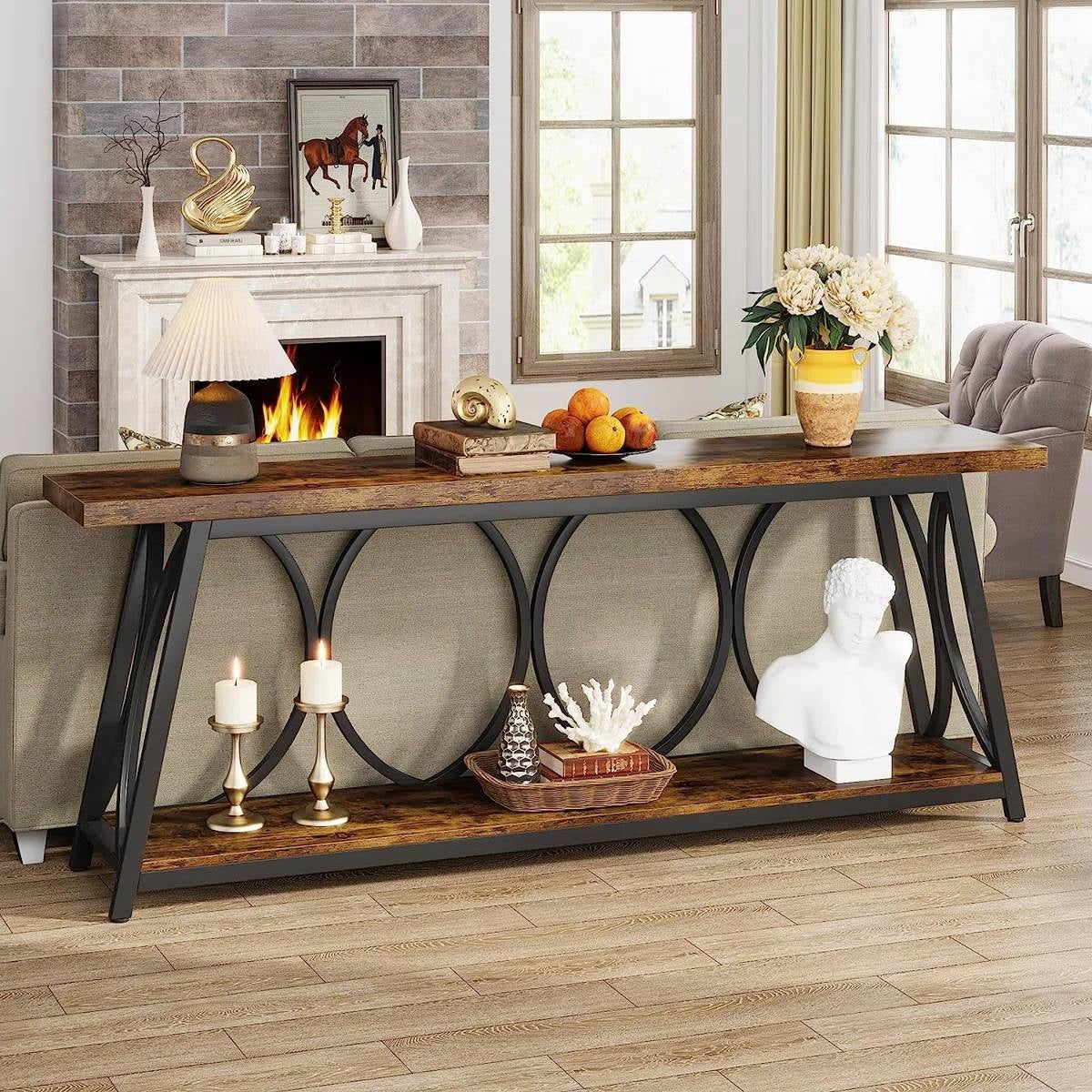 Industrial 70-in. Brown Wood Top Console Table with Heavy Duty Black Metal Frame (Online Exclusive)