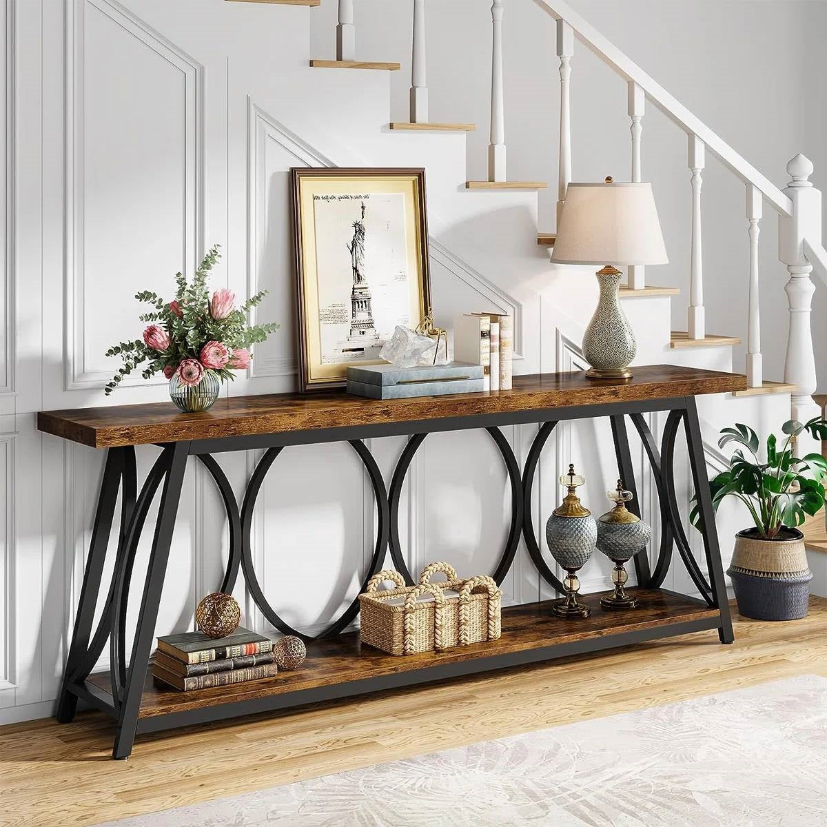 Industrial 70-in. Brown Wood Top Console Table with Heavy Duty Black Metal Frame (Online Exclusive)
