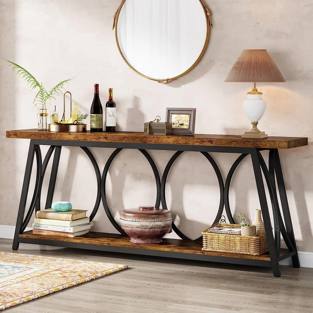 Industrial 70-in. Brown Wood Top Console Table with Heavy Duty Black Metal Frame (Online Exclusive)
