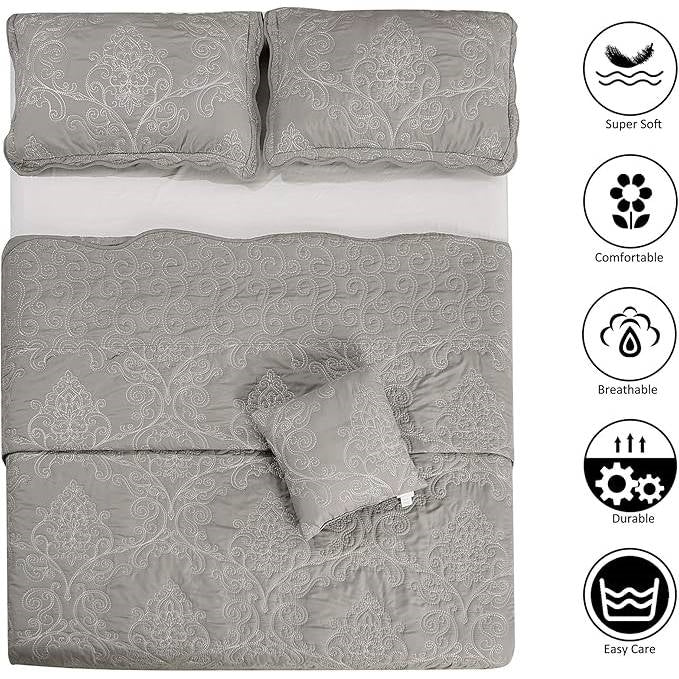 Queen size Ash Grey Damask Embroidered 4 Piece Oversized Bedspread Set (Online Exclusive)