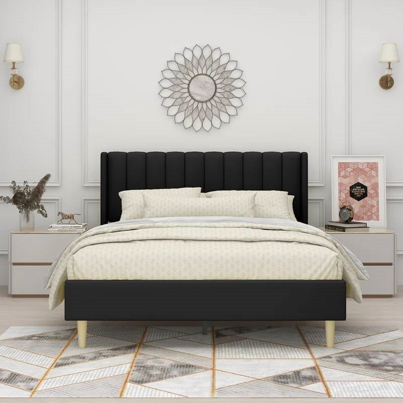 Queen size Mid-Century Black Linen Platform Bed Frame with Upholstered Headboard (Online Exclusive)