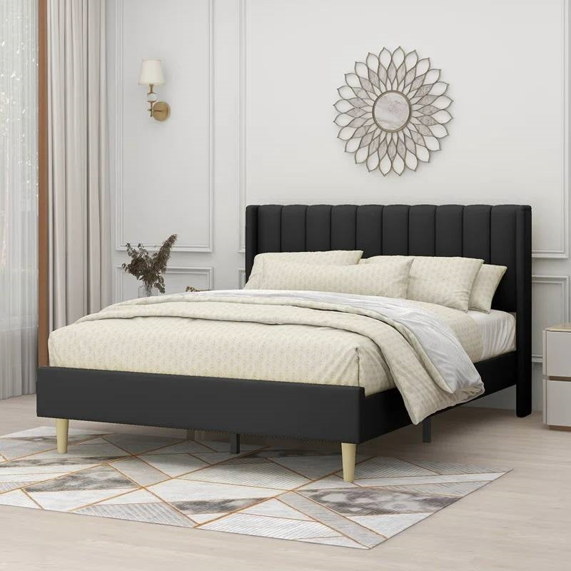 Queen size Mid-Century Black Linen Platform Bed Frame with Upholstered Headboard (Online Exclusive)
