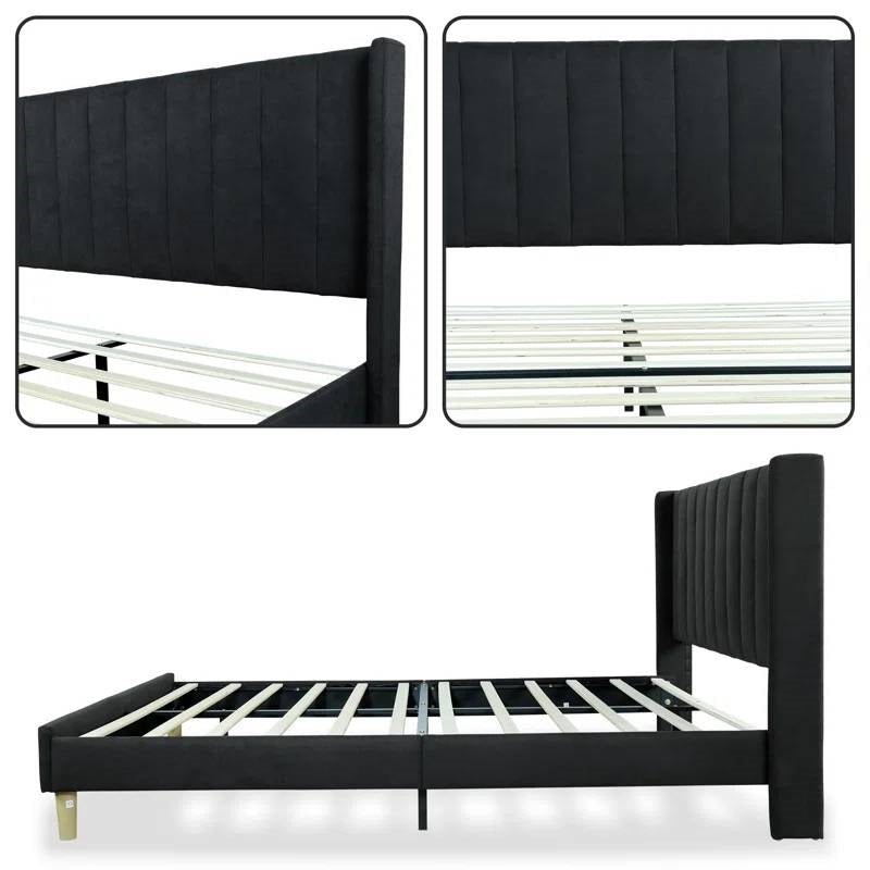 Queen size Mid-Century Black Linen Platform Bed Frame with Upholstered Headboard (Online Exclusive)