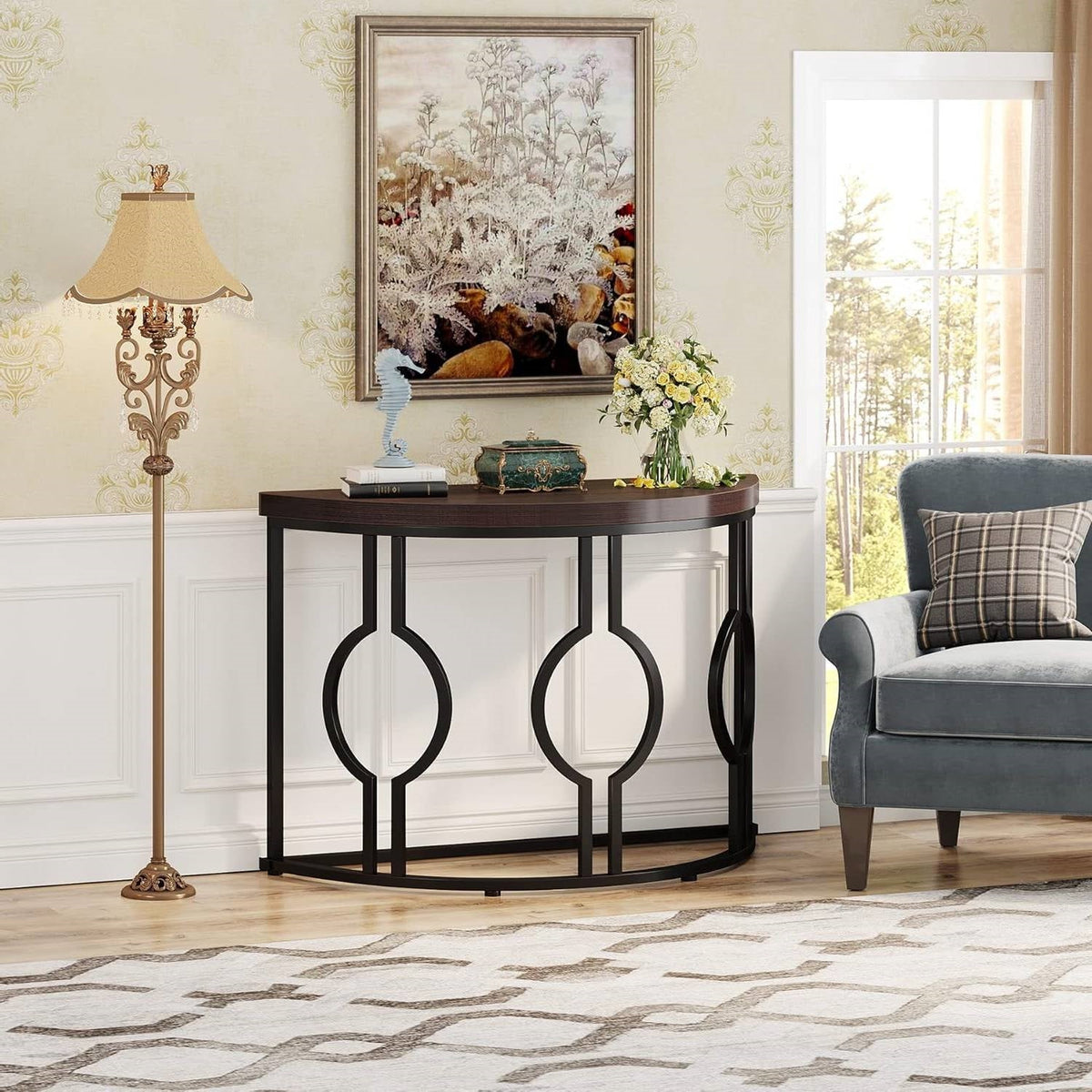 Modern 43-inch Half Moon Accent Console Table (Online Exclusive) with Brown Wood Top Black Frame