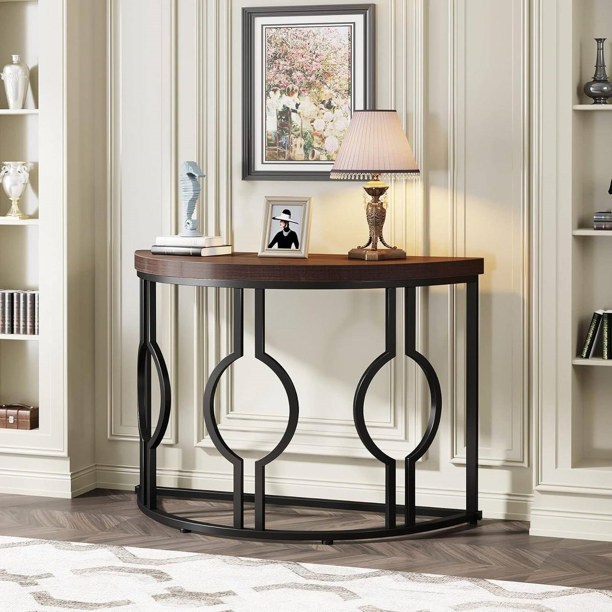 Modern 43-inch Half Moon Accent Console Table (Online Exclusive) with Brown Wood Top Black Frame
