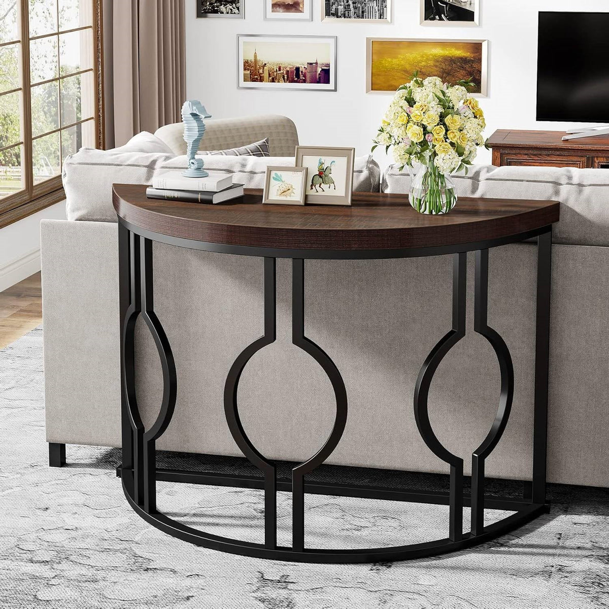 Modern 43-inch Half Moon Accent Console Table (Online Exclusive) with Brown Wood Top Black Frame