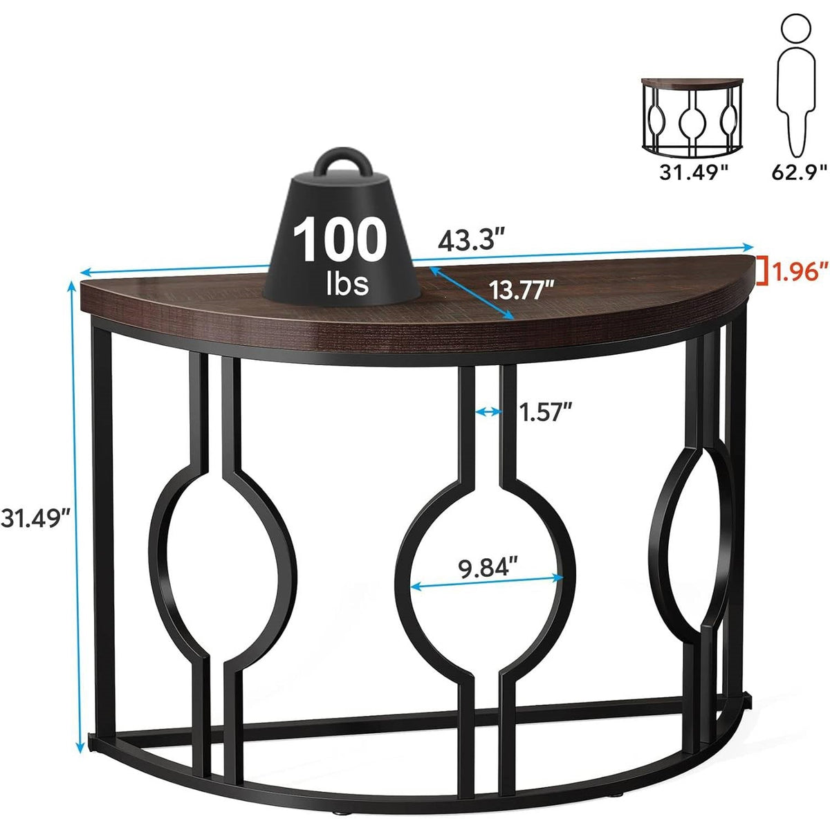 Modern 43-inch Half Moon Accent Console Table (Online Exclusive) with Brown Wood Top Black Frame