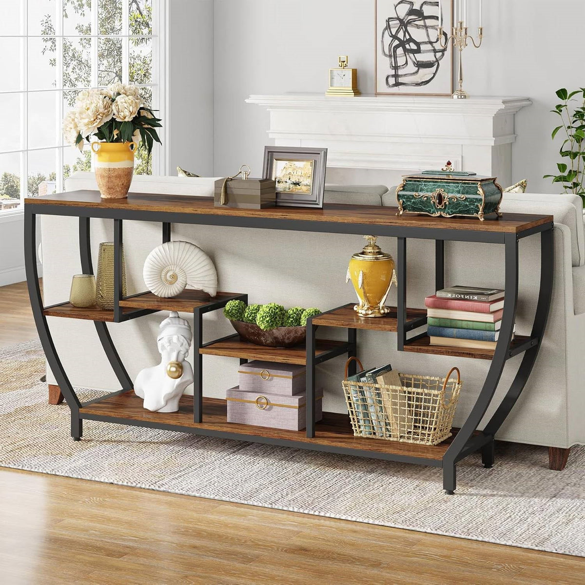 Industrial Modern 70-inch Long Narrow Console Sofa Table with Brown Wood Shelves (Online Exclusive)