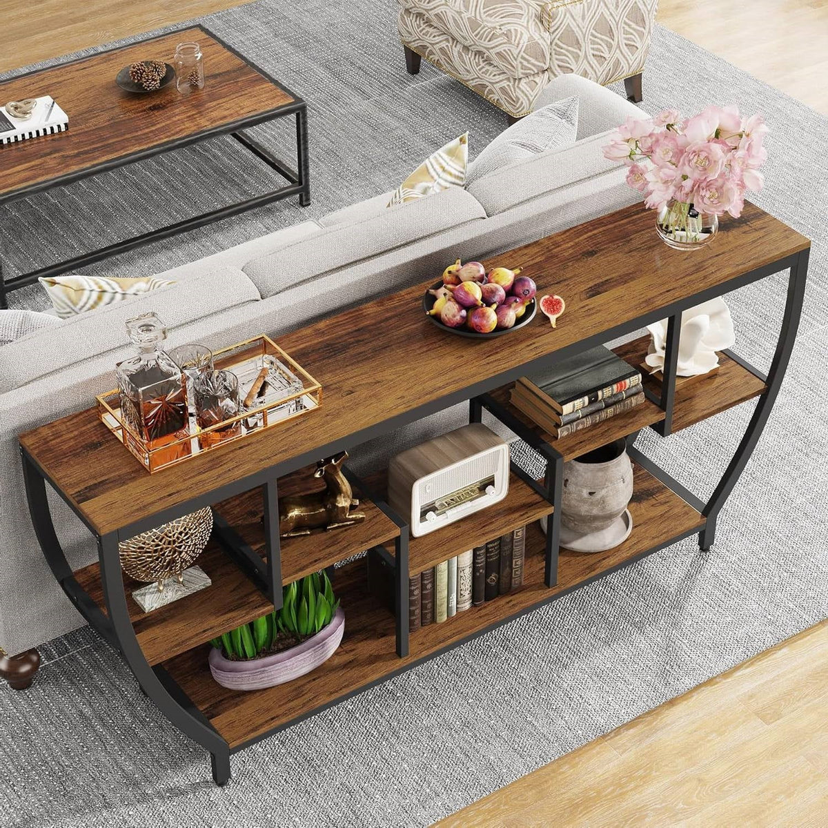 Industrial Modern 70-inch Long Narrow Console Sofa Table with Brown Wood Shelves (Online Exclusive)