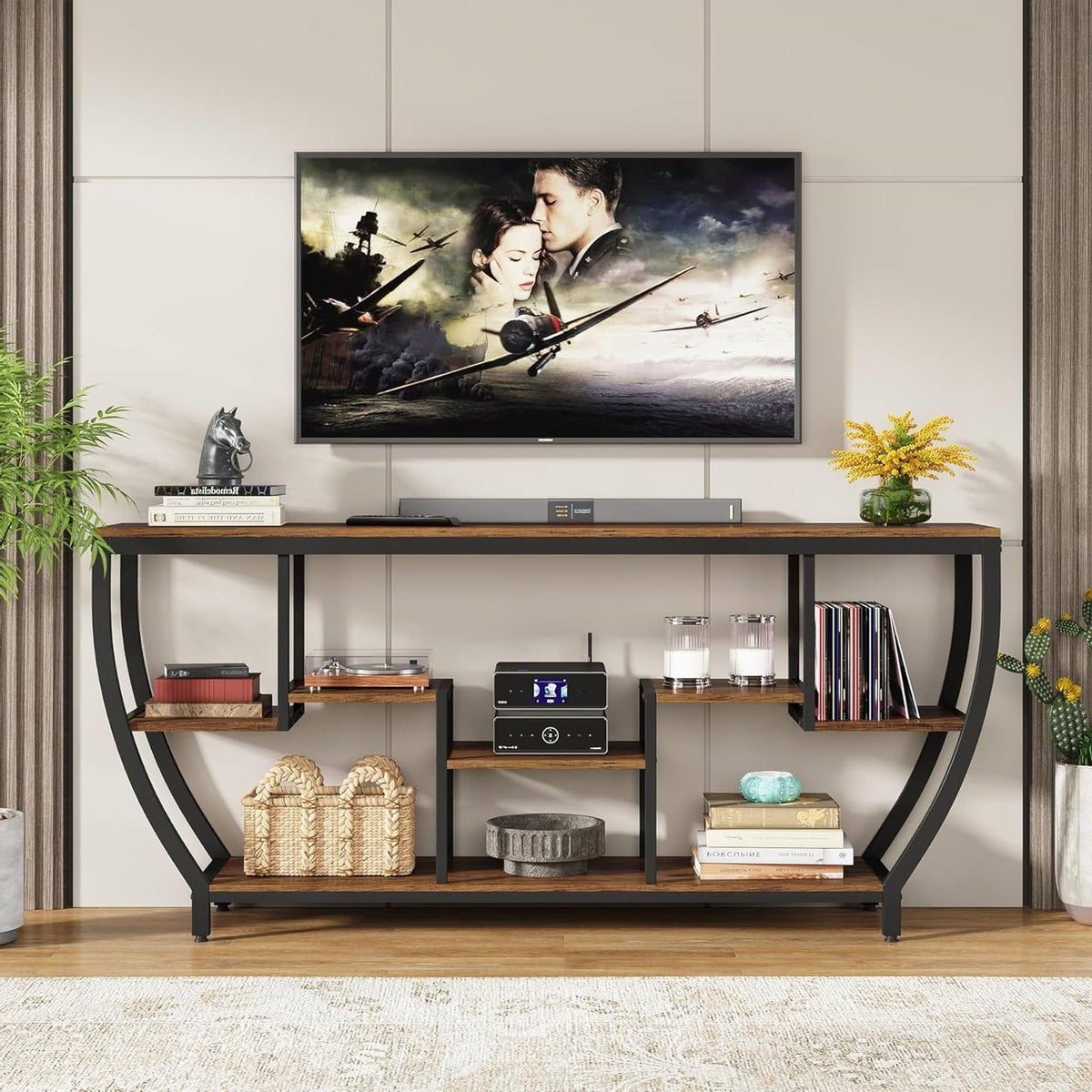 Industrial Modern 70-inch Long Narrow Console Sofa Table with Brown Wood Shelves (Online Exclusive)