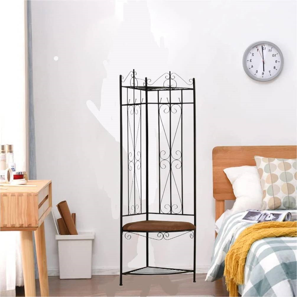 Black Metal Scrolling Corner Hall Tree Coat Rack Storage Bench (Online Exclusive)
